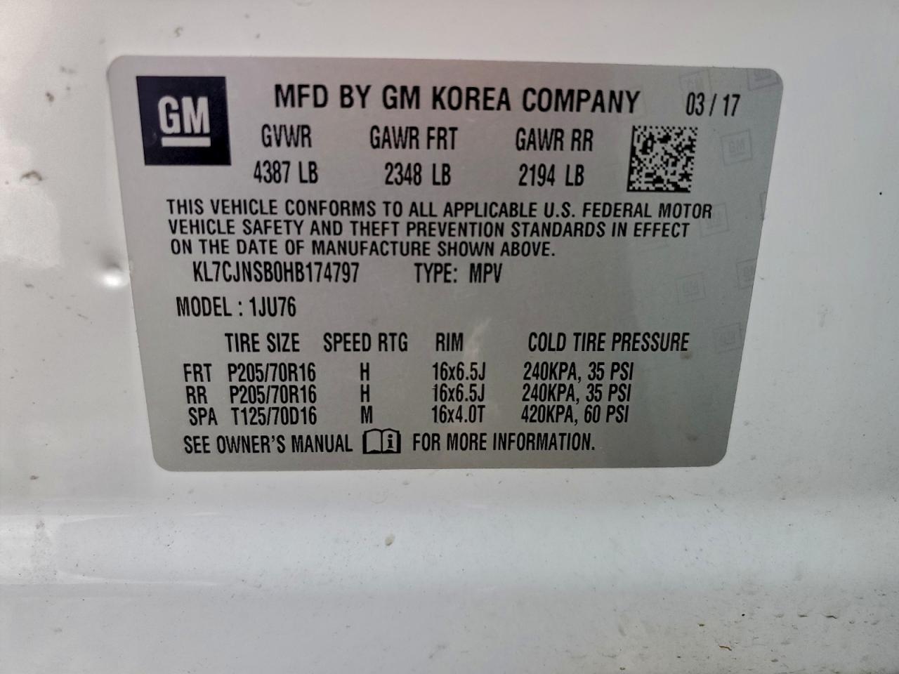 2017 Chevrolet Trax Ls VIN: KL7CJNSB0HB174797 Lot: 94317735