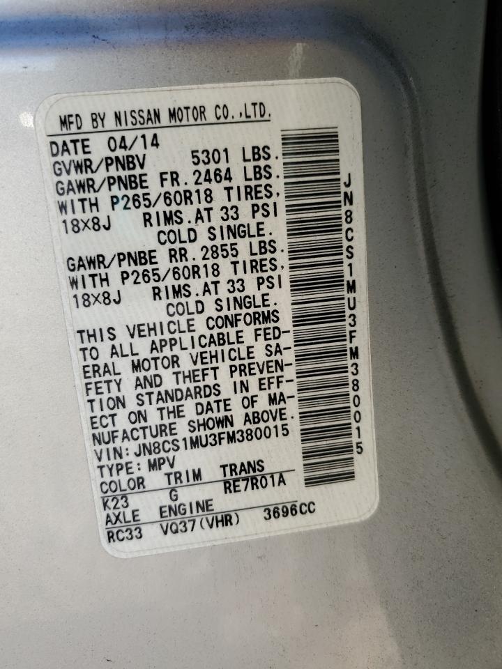 2015 Infiniti Qx70 VIN: JN8CS1MU3FM380015 Lot: 92354235