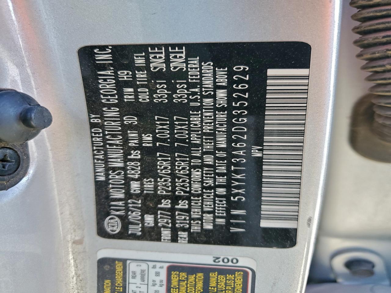 2013 Kia Sorento Lx VIN: 5XYKT3A62DG352629 Lot: 94411645