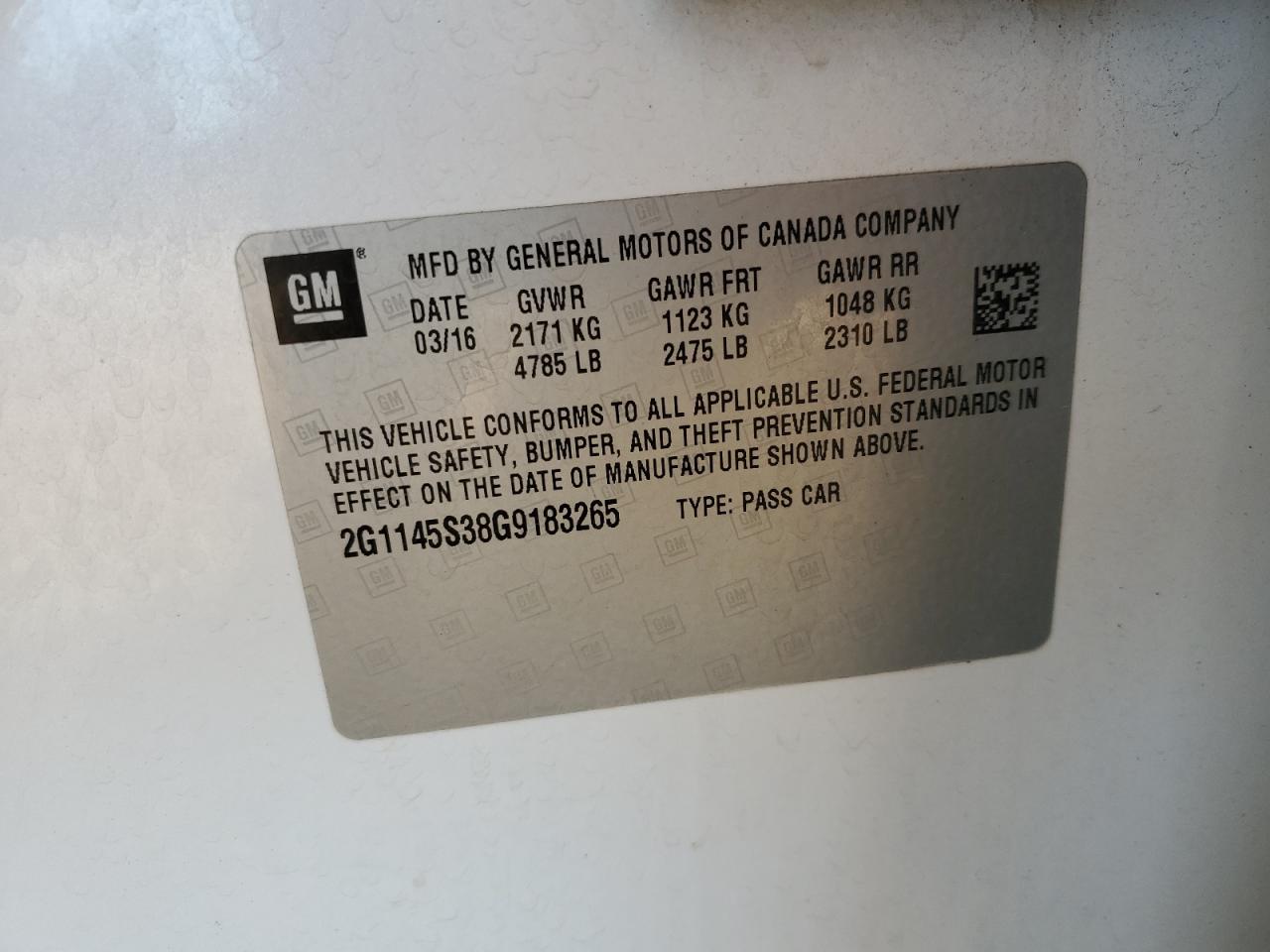 2016 Chevrolet Impala Ltz VIN: 2G1145S38G9183265 Lot: 92099795