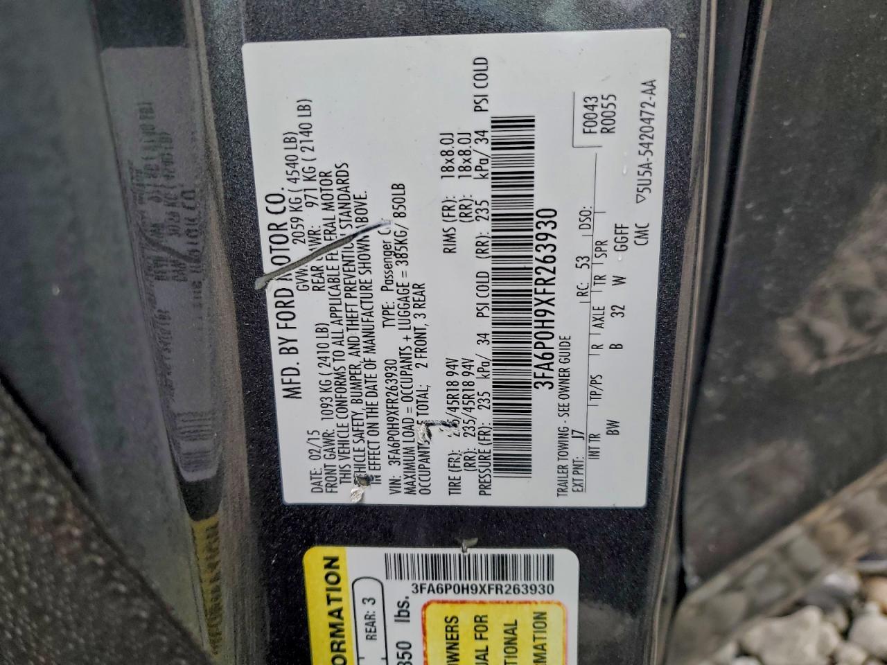 2015 Ford Fusion Se VIN: 3FA6P0H9XFR263930 Lot: 93853755