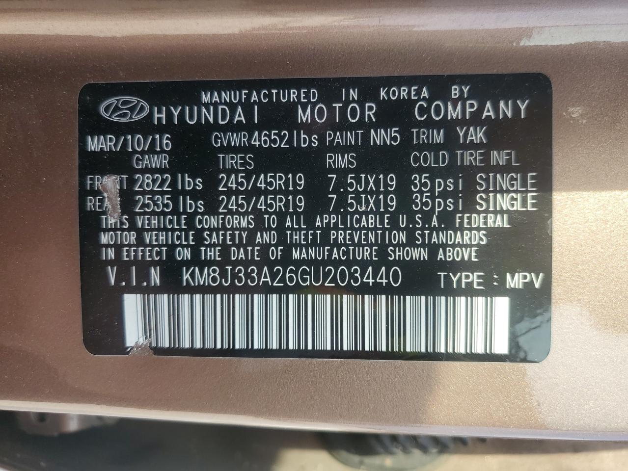 2016 Hyundai Tucson Limited VIN: KM8J33A26GU203440 Lot: 93735135