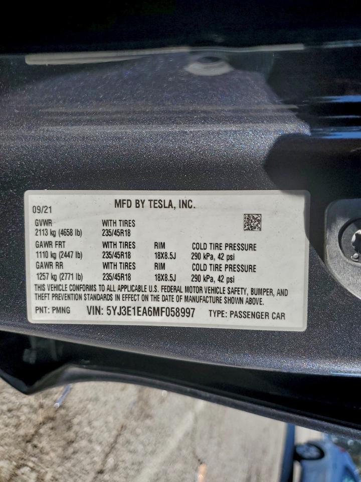 2021 Tesla Model 3 VIN: 5YJ3E1EA6MF058997 Lot: 93303215
