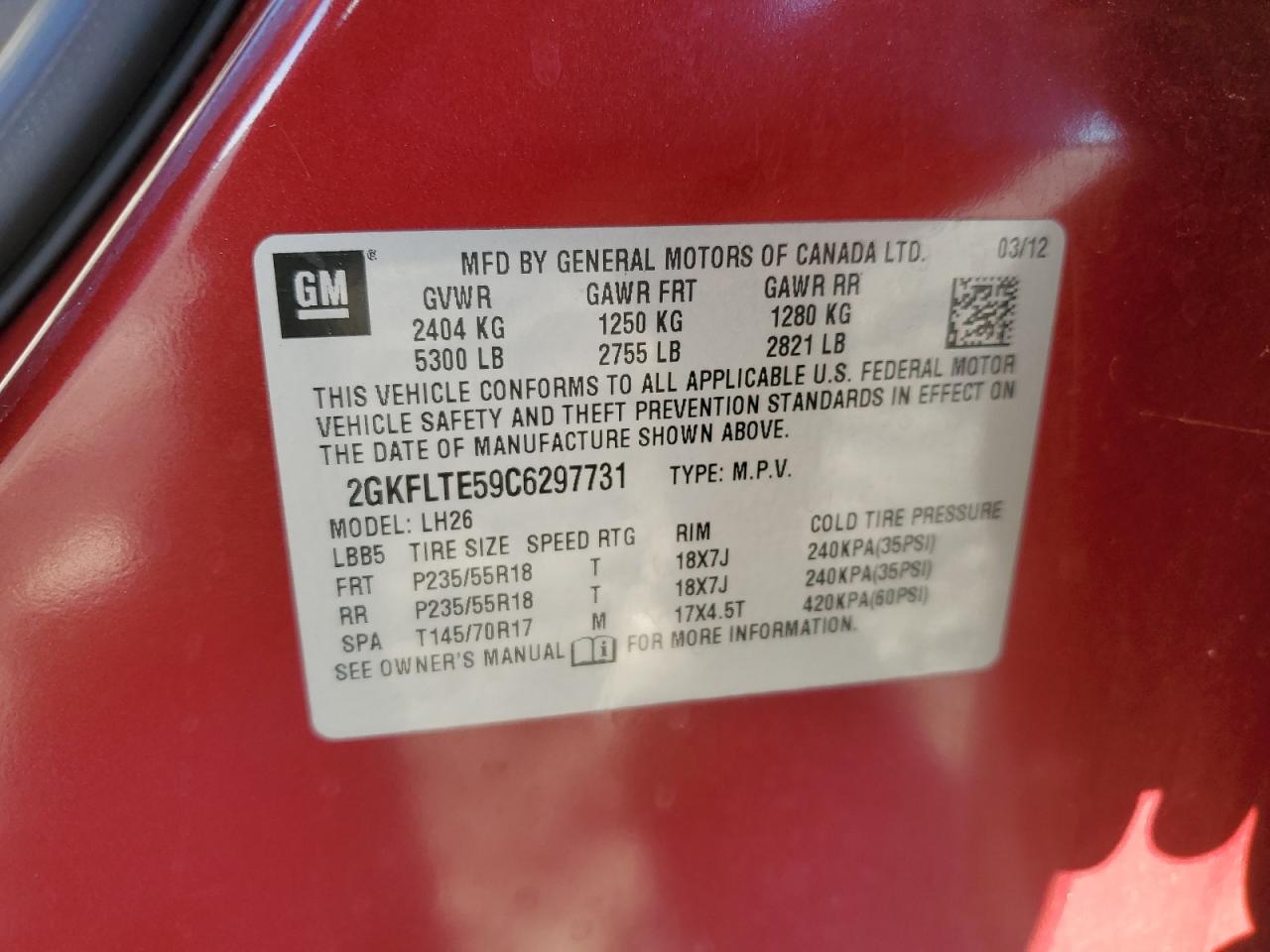 2012 GMC Terrain Sle VIN: 2GKFLTE59C6297731 Lot: 82272005