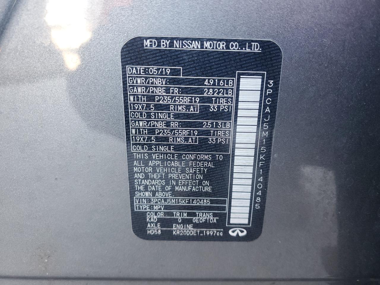 2019 Infiniti Qx50 Essential VIN: 3PCAJ5M15KF140485 Lot: 92809485