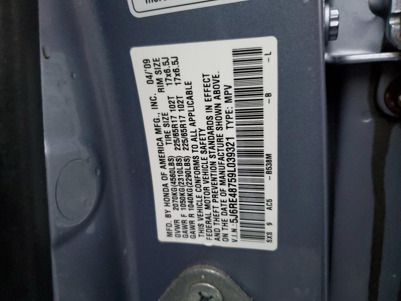 2009 Honda Cr-V Exl VIN: 5J6RE48759L039321 Lot: 92048165