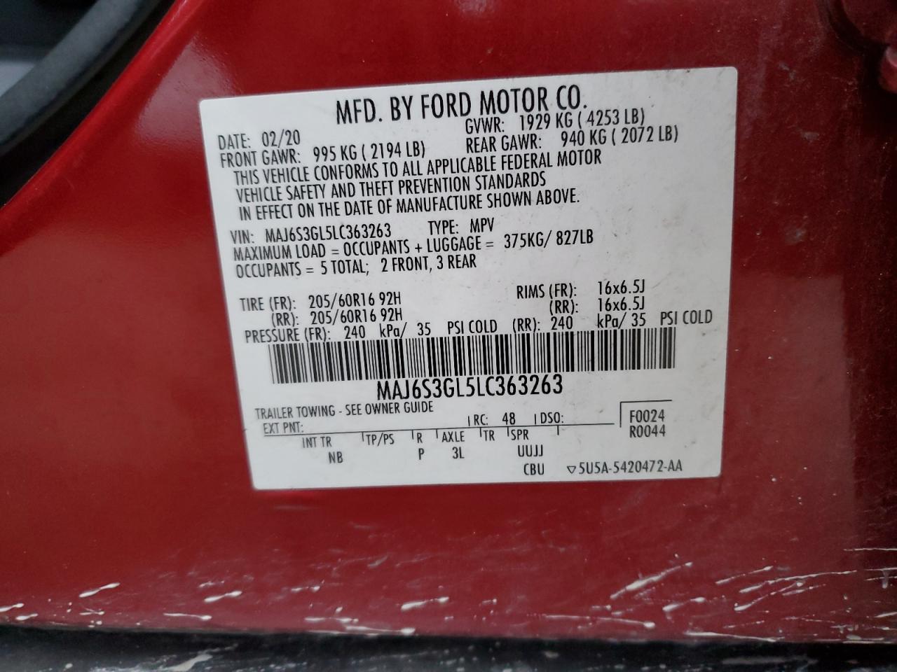 2020 Ford Ecosport Se VIN: MAJ6S3GL5LC363263 Lot: 91220125