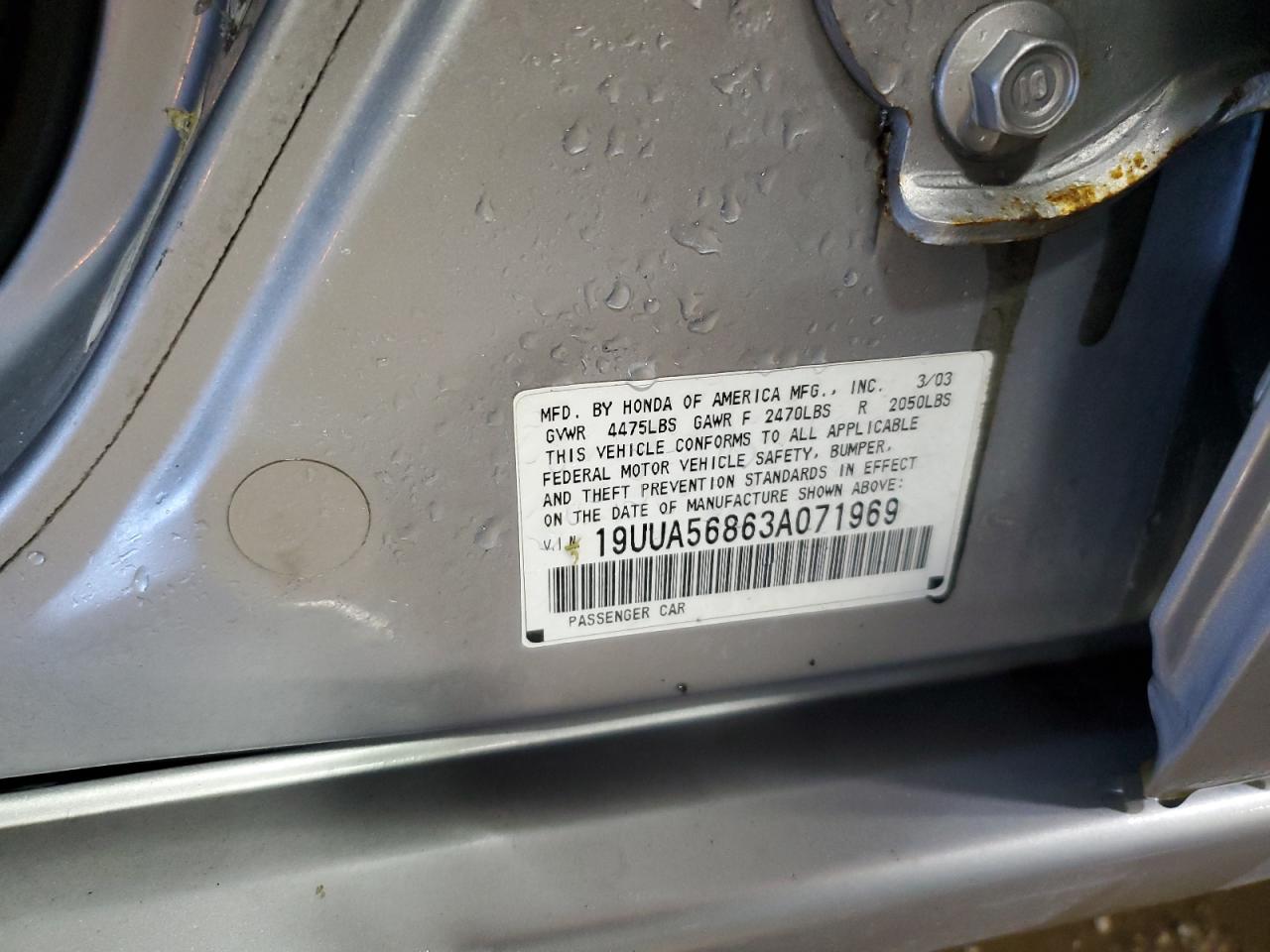 2003 Acura 3.2Tl Type-S VIN: 19UUA56863A071969 Lot: 92116775