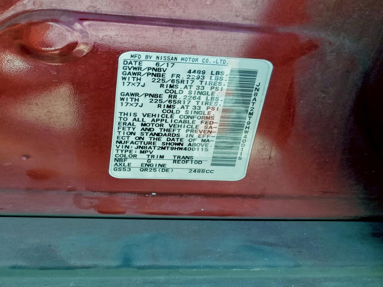 2017 Nissan Rogue S VIN: JN8AT2MT9HW400115 Lot: 94649625