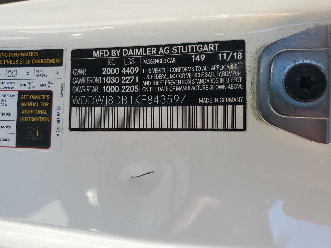 2019 Mercedes-Benz C 300 VIN: WDDWJ8DB1KF843597 Lot: 92311525