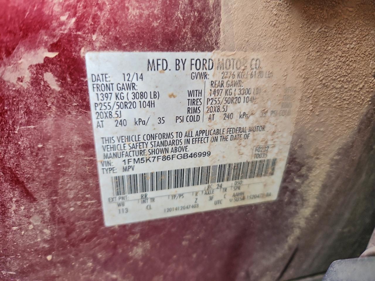 2015 Ford Explorer Limited VIN: 1FM5K7F86FGB46999 Lot: 94458205