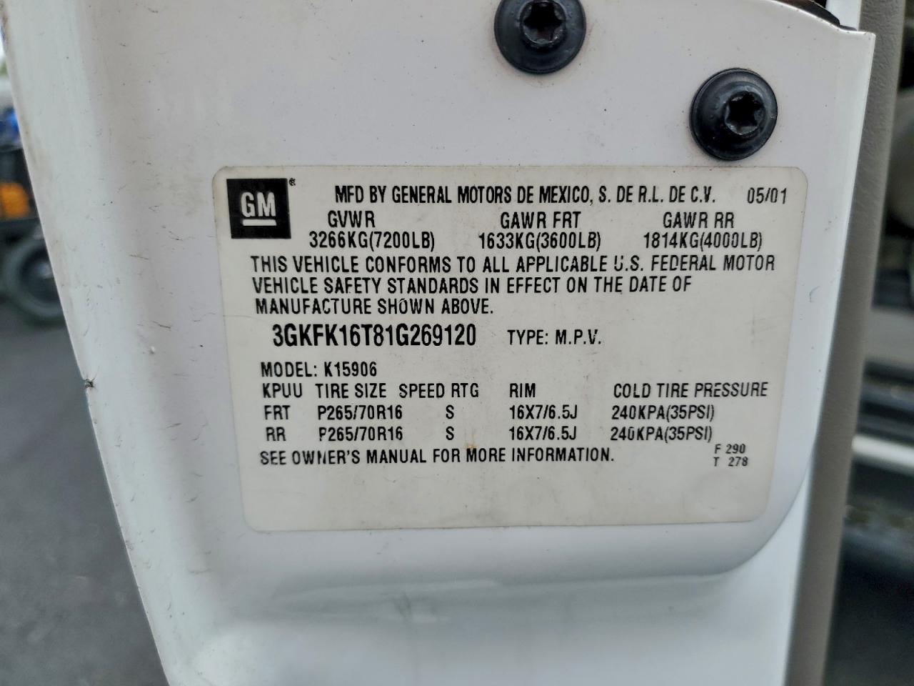 2001 GMC Yukon Xl K1500 VIN: 3GKFK16T81G269120 Lot: 94113365