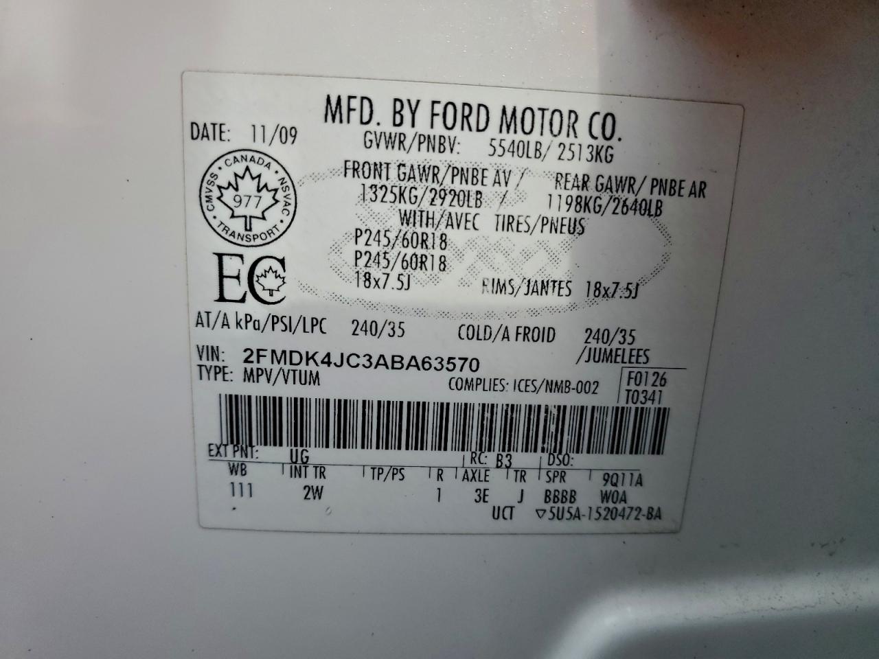 2010 Ford Edge Sel VIN: 2FMDK4JC3ABA63570 Lot: 93907415