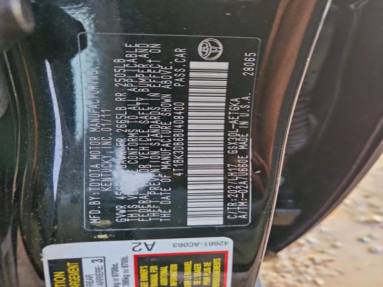 2011 Toyota Avalon Base VIN: 4T1BK3DB6BU408400 Lot: 94137325