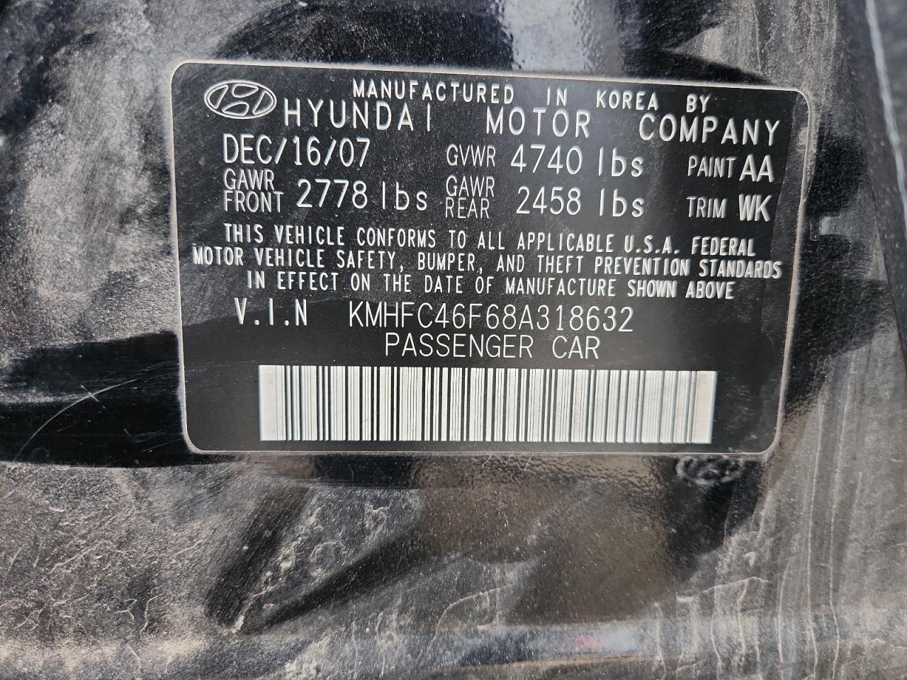 2008 Hyundai Azera Se VIN: KMHFC46F68A318632 Lot: 93690835