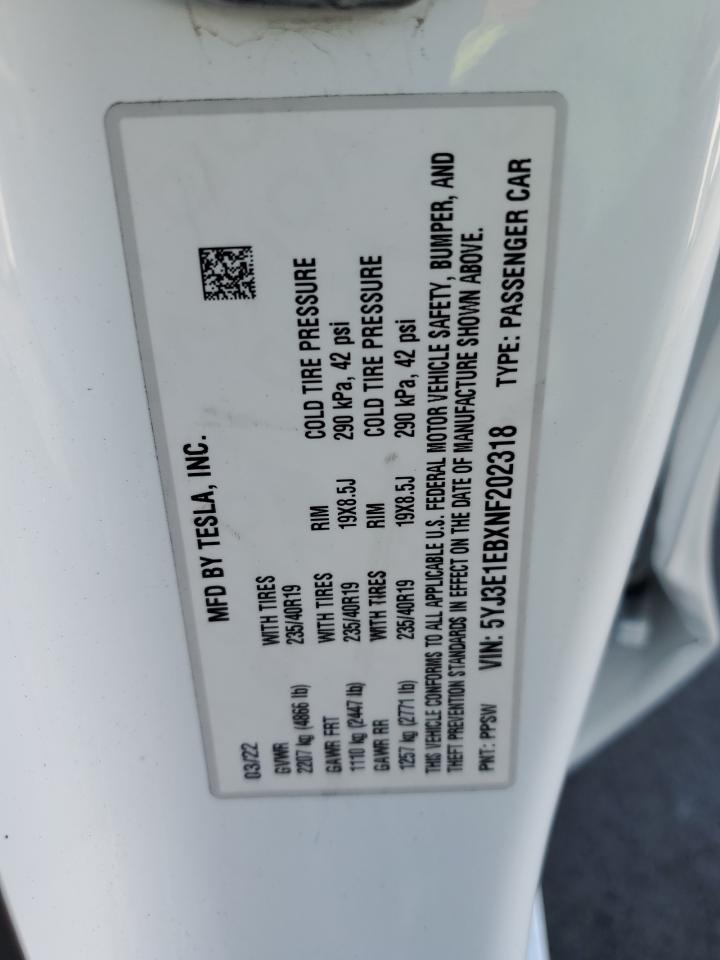 2022 Tesla Model 3 VIN: 5YJ3E1EBXNF202318 Lot: 91308895