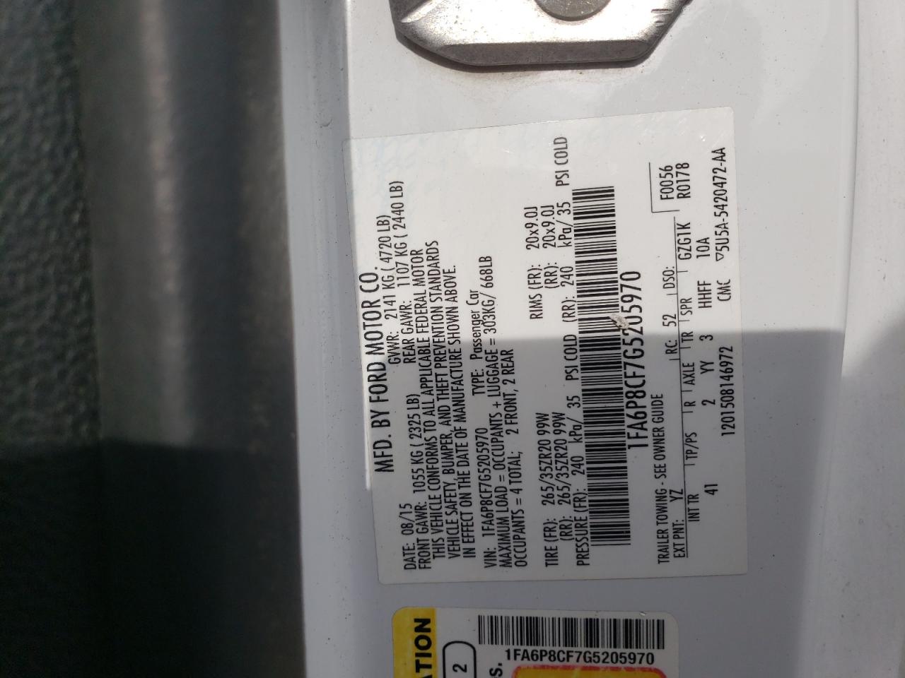 2016 Ford Mustang Gt VIN: 1FA6P8CF7G5205970 Lot: 91412715