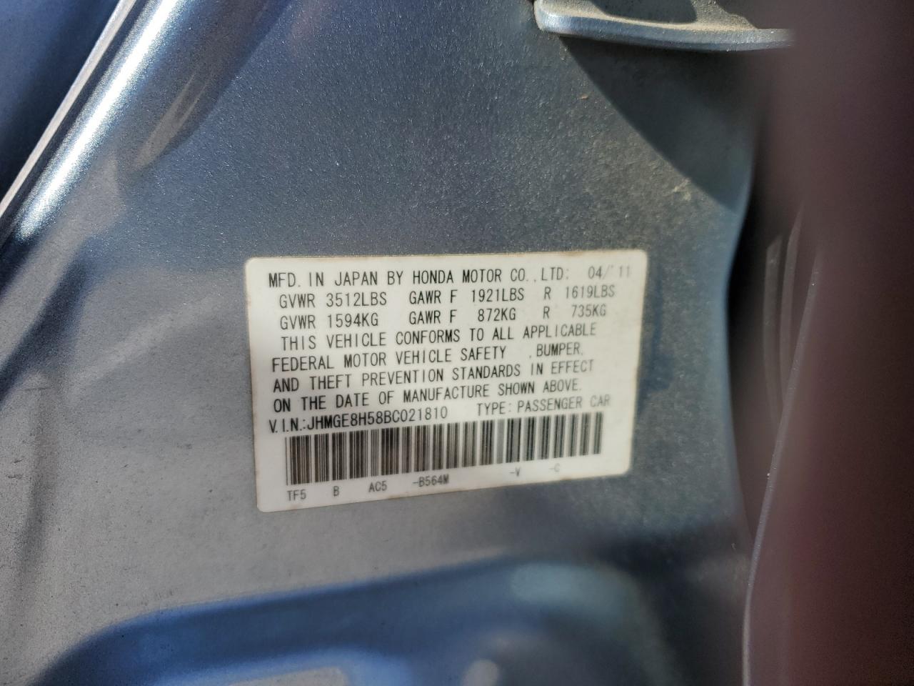 2011 Honda Fit Sport VIN: JHMGE8H58BC021810 Lot: 92217845