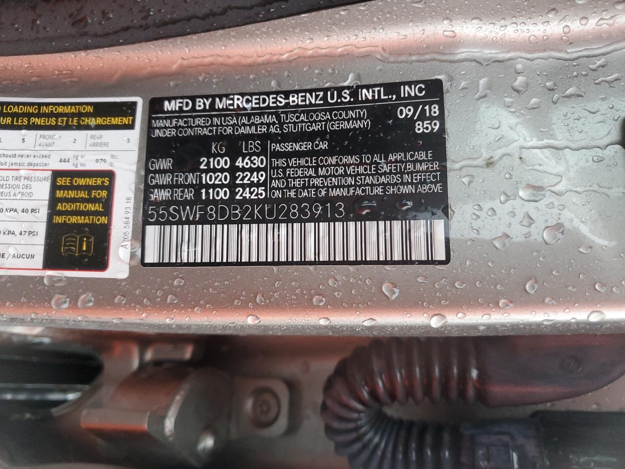 2019 Mercedes-Benz C 300 VIN: 55SWF8DB2KU283913 Lot: 91189405