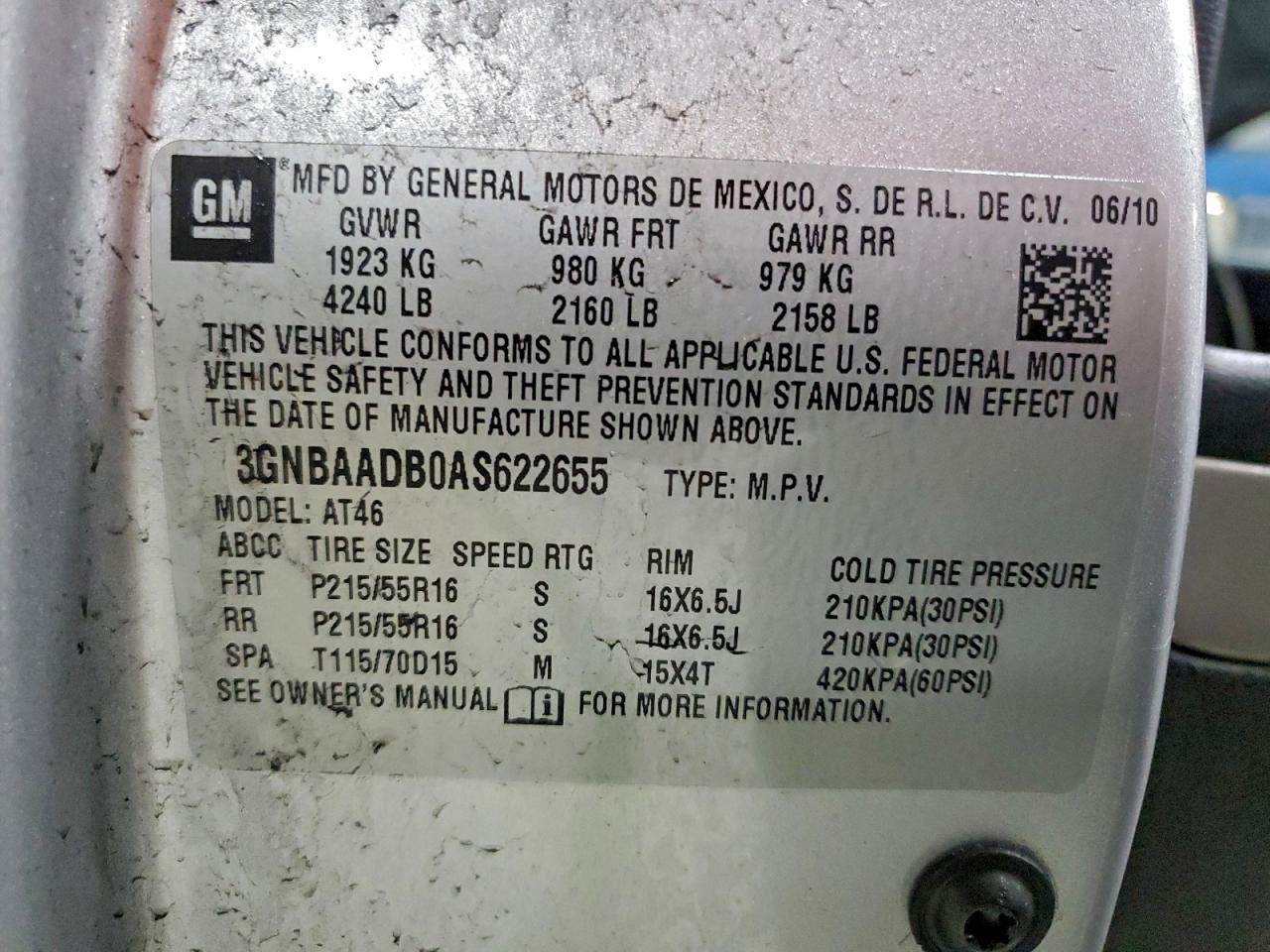 2010 Chevrolet Hhr Ls VIN: 3GNBAADB0AS622655 Lot: 93510385