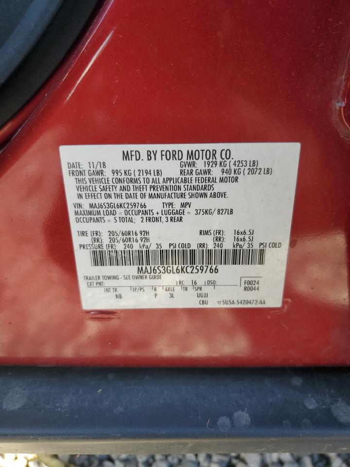 2019 Ford Ecosport Se VIN: MAJ6S3GL6KC259766 Lot: 91586195