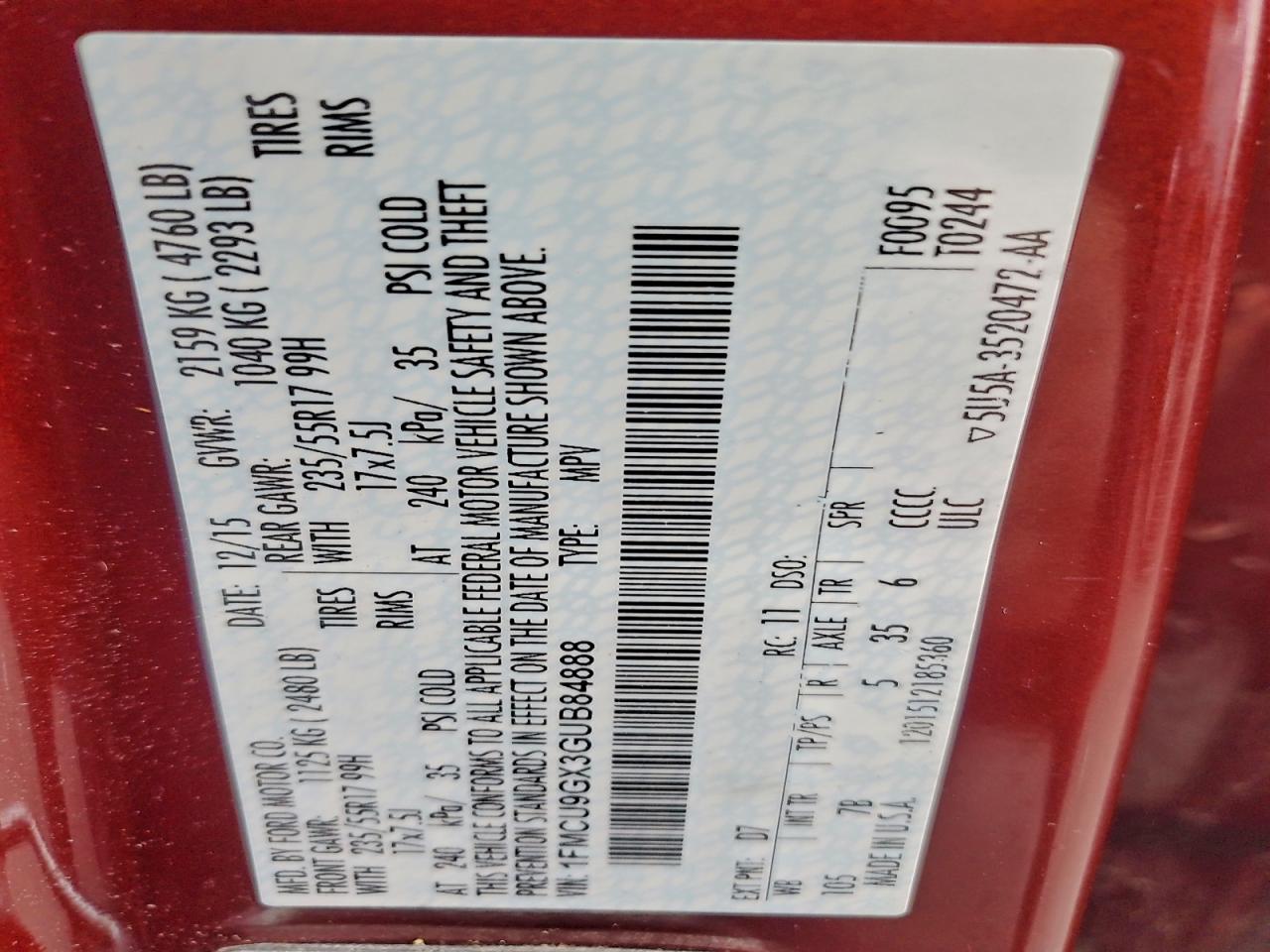 2016 Ford Escape Se VIN: 1FMCU9GX3GUB84888 Lot: 93914295