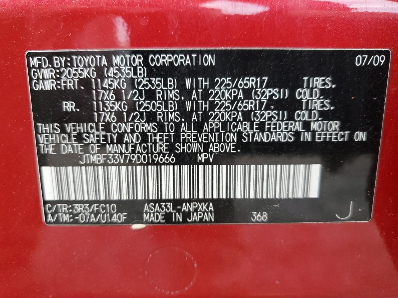 2009 Toyota Rav4 VIN: JTMBF33V79D019666 Lot: 91643645