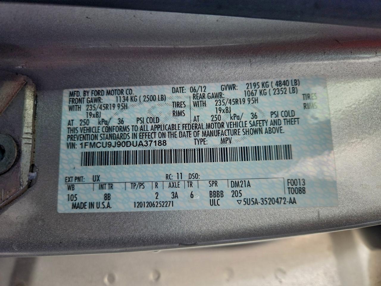 2013 Ford Escape Titanium VIN: 1FMCU9J90DUA37188 Lot: 93782005