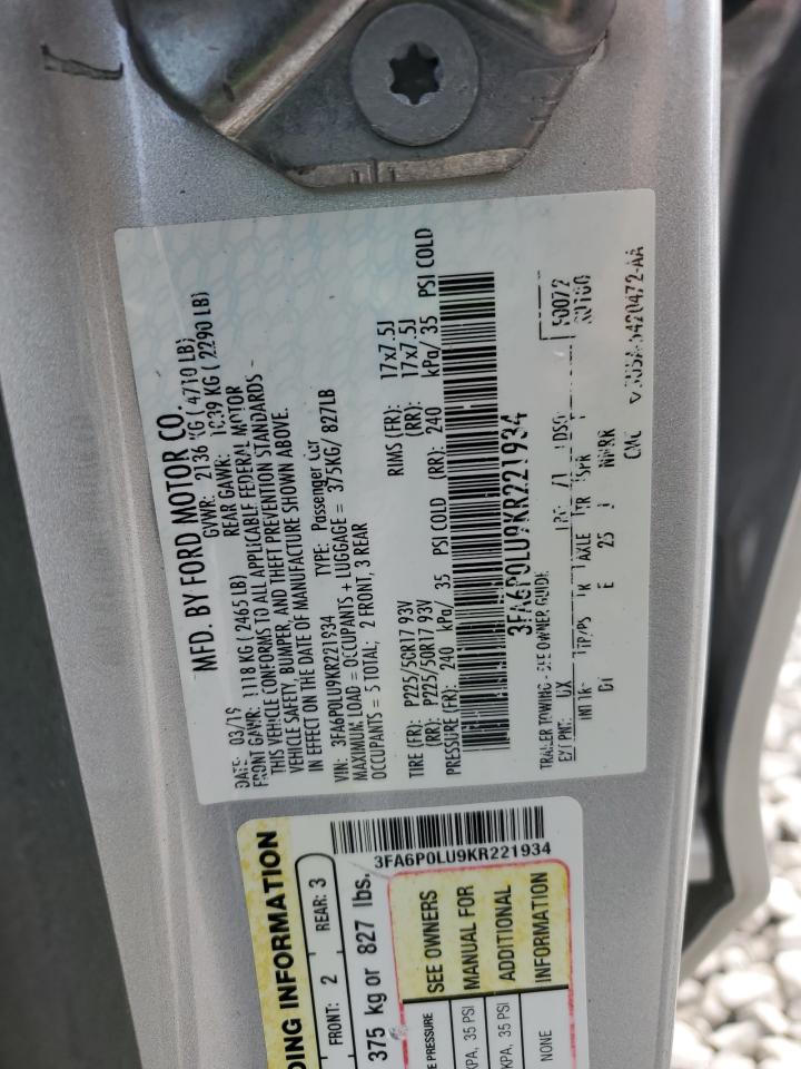 2019 Ford Fusion Se VIN: 3FA6P0LU9KR221934 Lot: 92816635