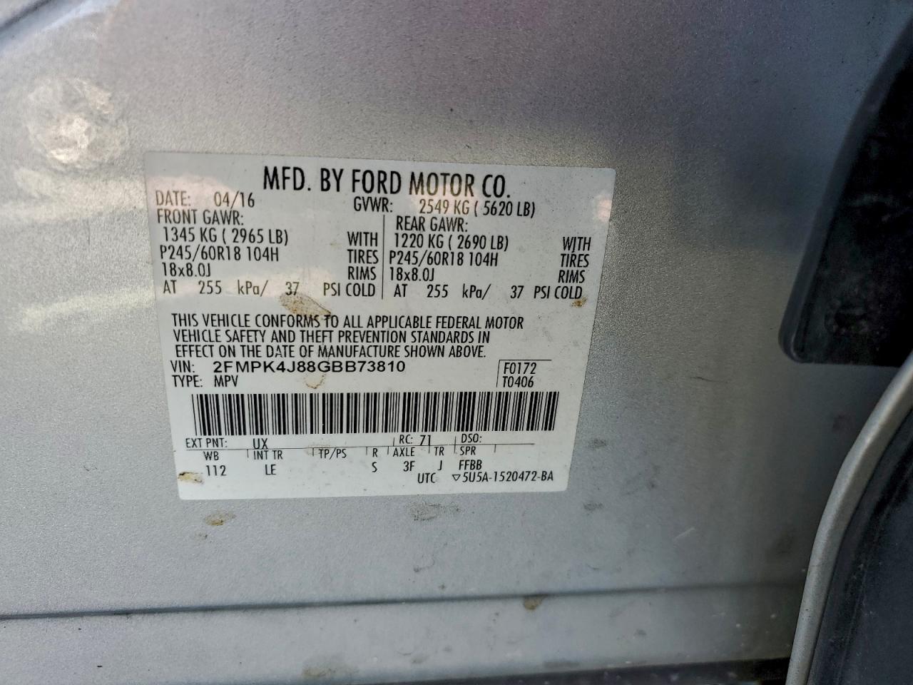 2016 Ford Edge Sel VIN: 2FMPK4J88GBB73810 Lot: 93430395