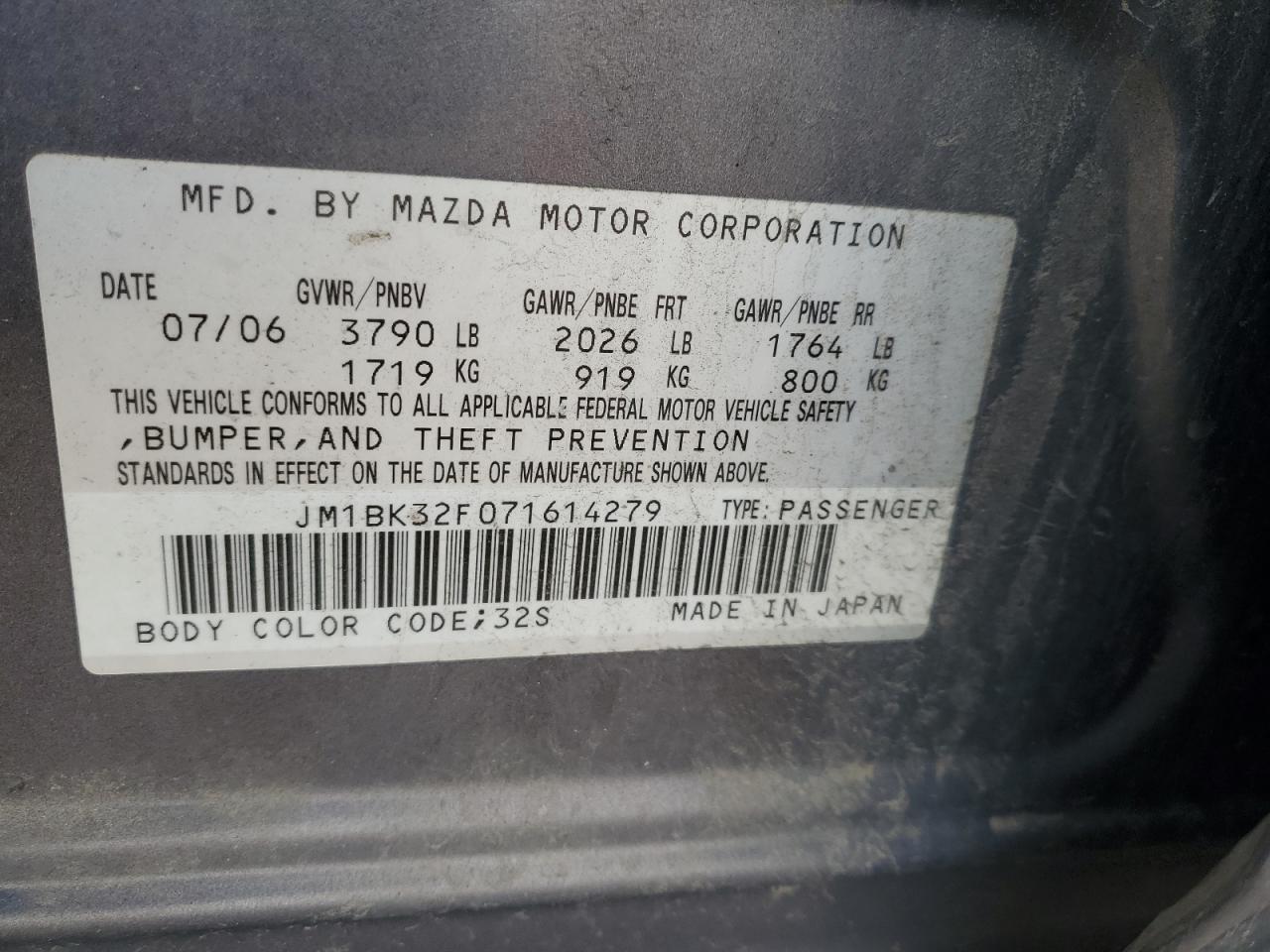 2007 Mazda 3 I VIN: JM1BK32F071614279 Lot: 93374915