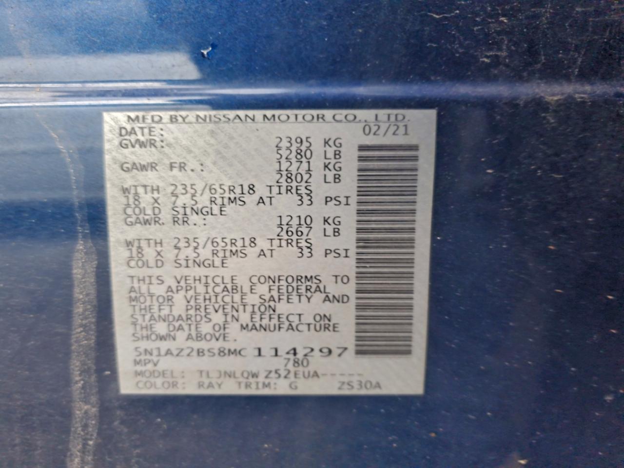 2021 Nissan Murano Sv VIN: 5N1AZ2BS8MC114297 Lot: 94046815