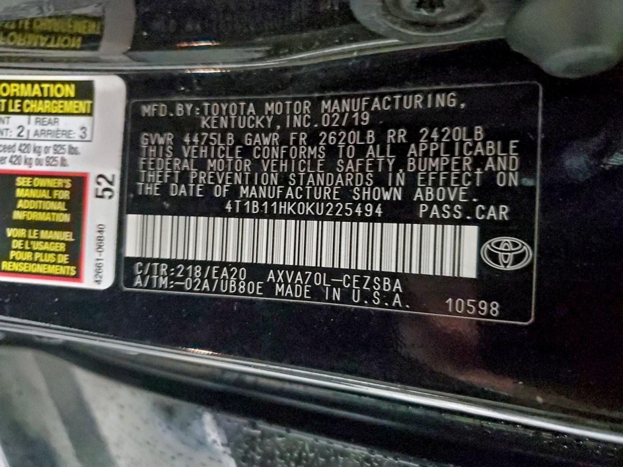 2019 Toyota Camry L VIN: 4T1B11HK0KU225494 Lot: 94407015