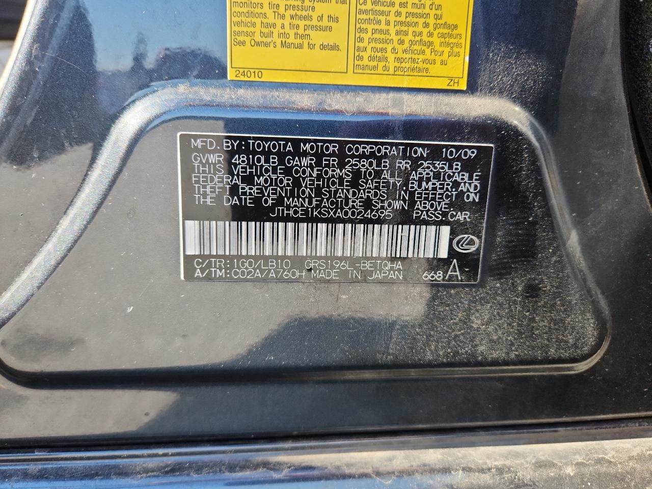 2010 Lexus Gs 350 VIN: JTHCE1KSXA0024695 Lot: 92735425