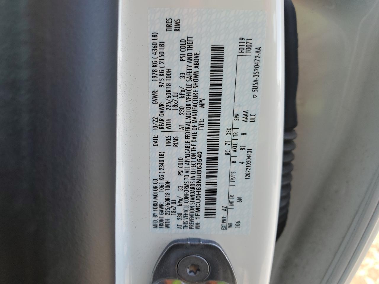 2022 Ford Escape Sel VIN: 1FMCU0H63NUB63540 Lot: 93463245