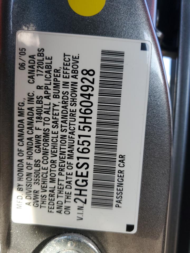 2005 Honda Civic Lx VIN: 2HGES16515H604928 Lot: 93267385