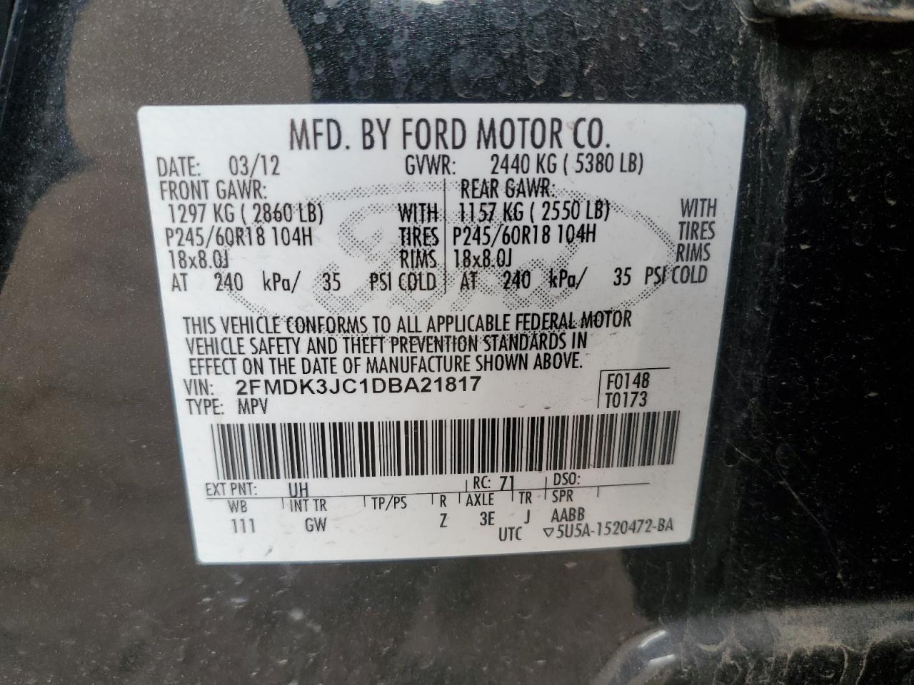 2013 Ford Edge Sel VIN: 2FMDK3JC1DBA21817 Lot: 92472345