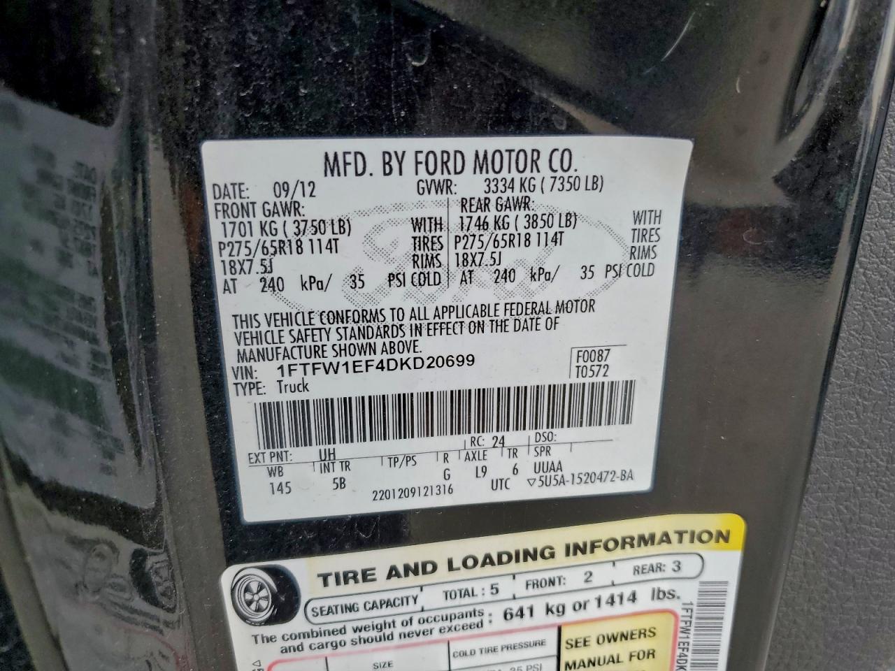 2013 Ford F150 Supercrew VIN: 1FTFW1EF4DKD20699 Lot: 93817625