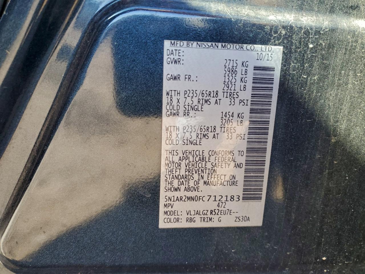 2015 Nissan Pathfinder S VIN: 5N1AR2MN0FC712183 Lot: 93873535