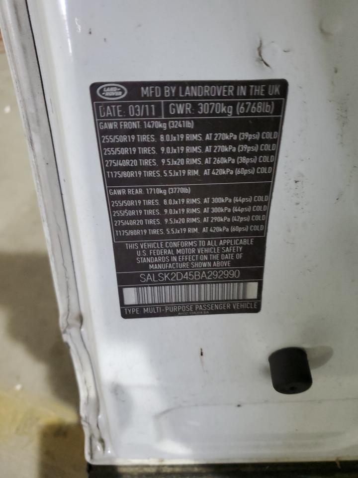 2011 Land Rover Range Rover Sport Lux VIN: SALSK2D45BA292990 Lot: 91312075