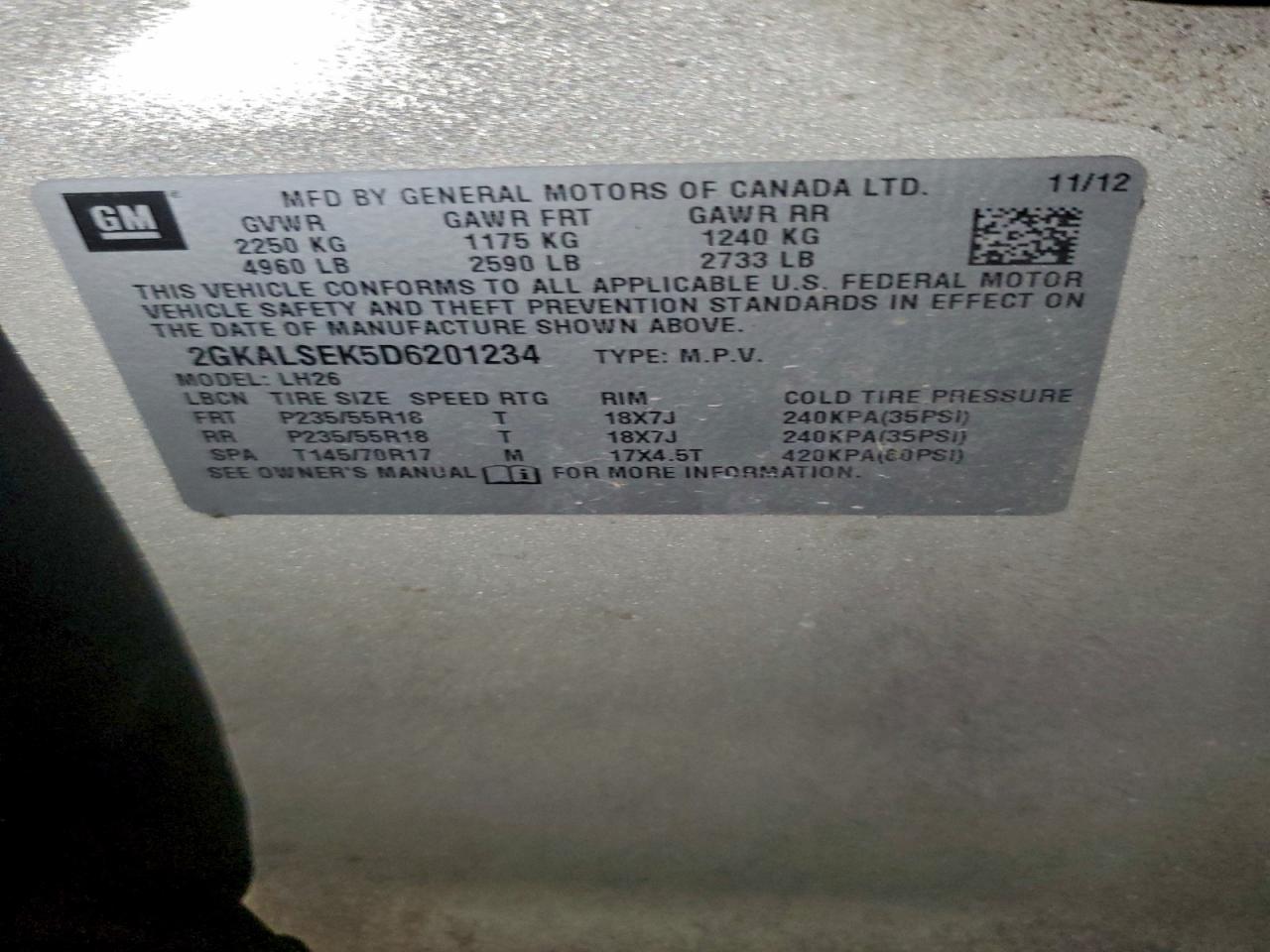 2013 GMC Terrain Sle VIN: 2GKALSEK5D6201234 Lot: 92852045