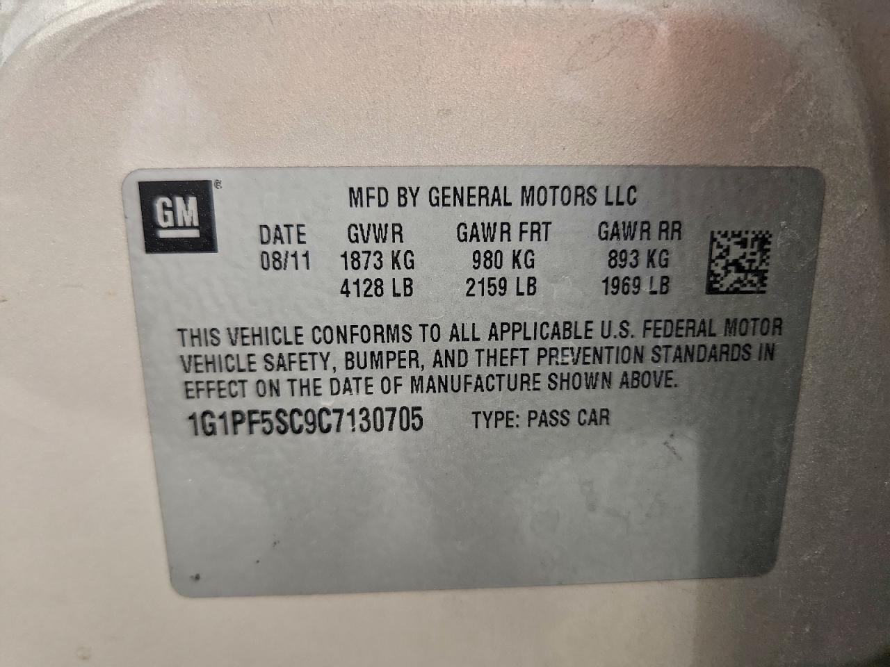 2012 Chevrolet Cruze Lt VIN: 1G1PF5SC9C7130705 Lot: 93889825