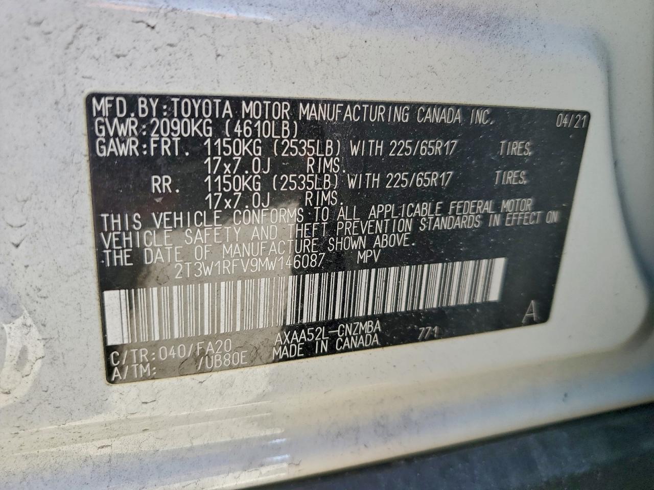 2021 Toyota Rav4 Xle VIN: 2T3W1RFV9MW146087 Lot: 94065655