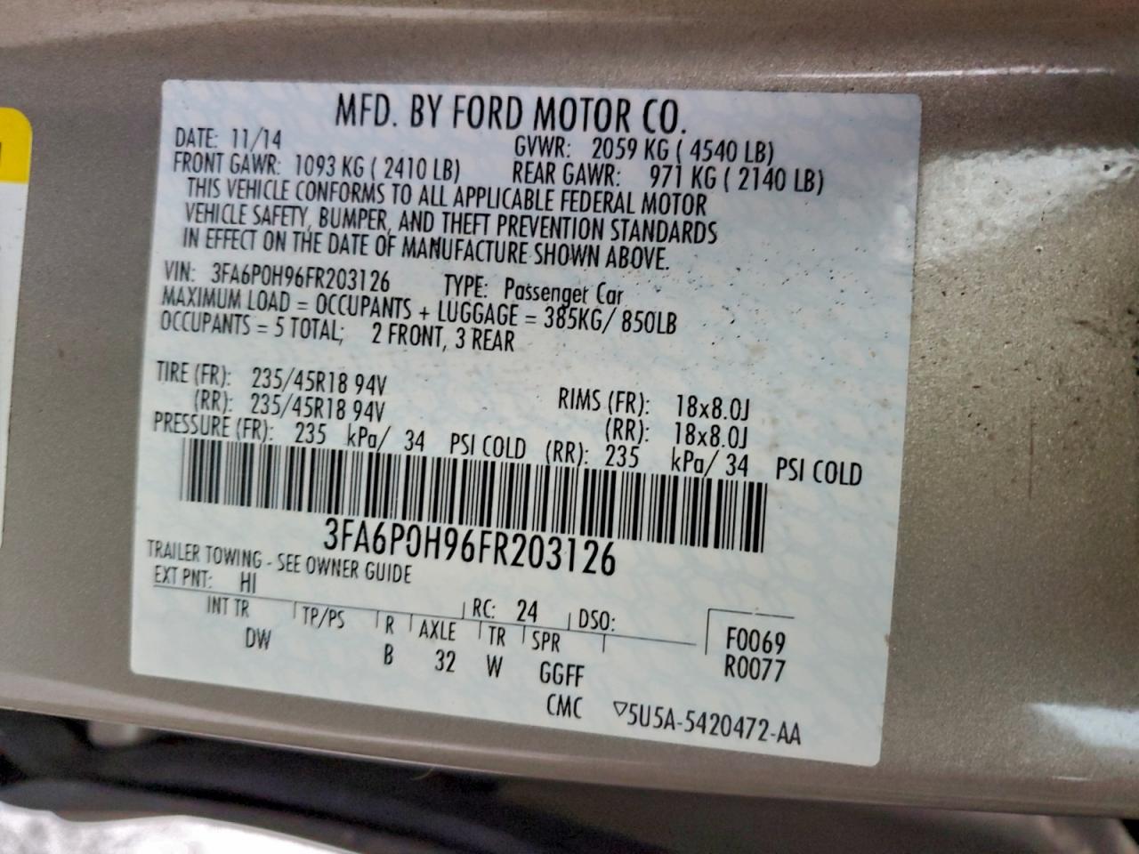 2015 Ford Fusion Se VIN: 3FA6P0H96FR203126 Lot: 94160245