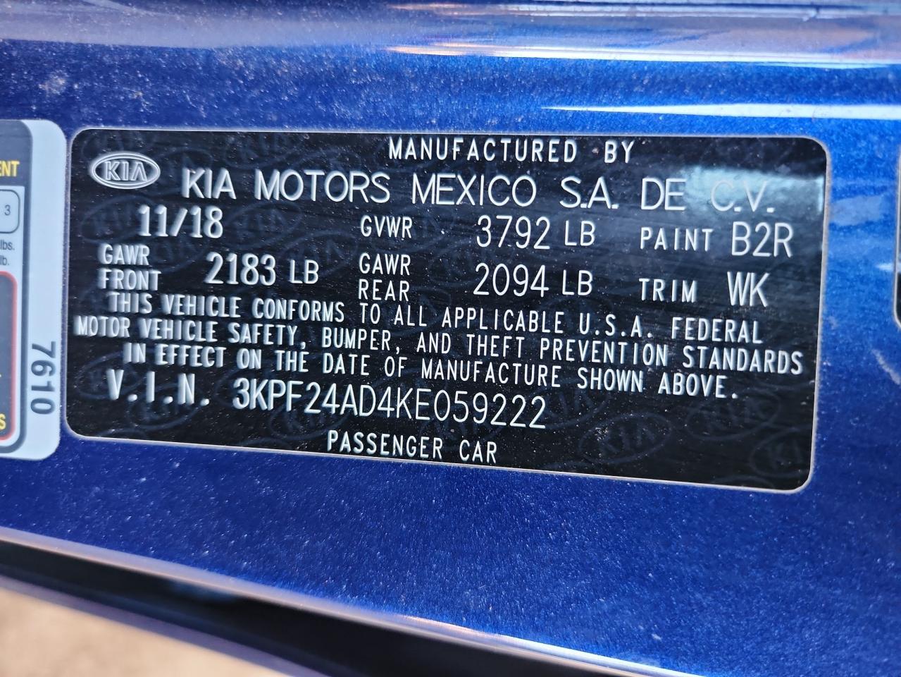 2019 Kia Forte Fe VIN: 3KPF24AD4KE059222 Lot: 92625815