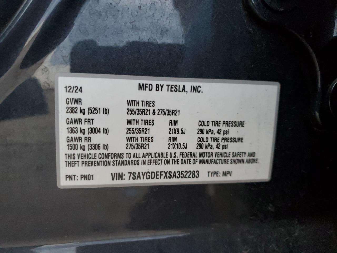 2025 Tesla Model Y VIN: 7SAYGDEFXSA352283 Lot: 92280315