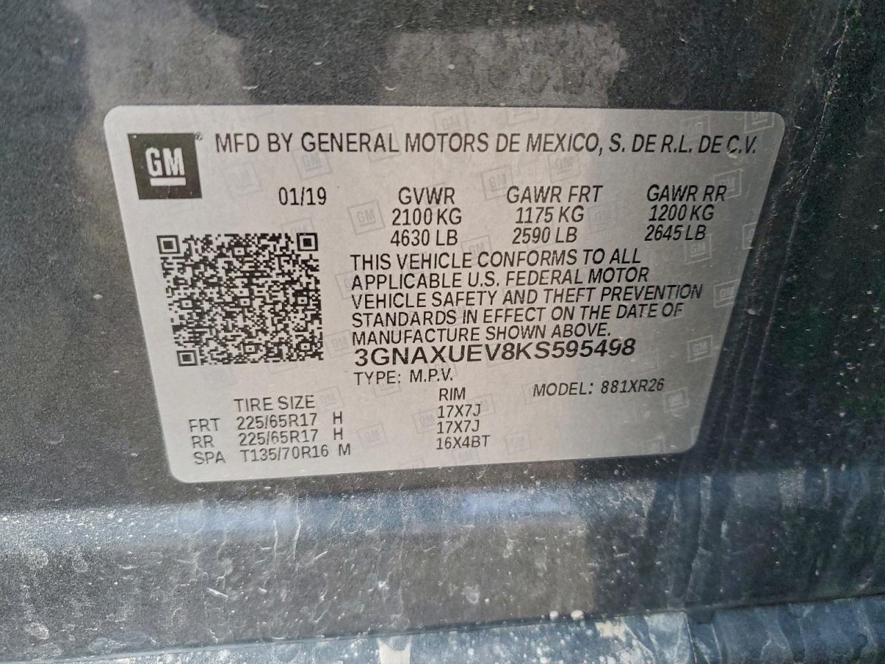 2019 Chevrolet Equinox Lt VIN: 3GNAXUEV8KS595498 Lot: 94139745