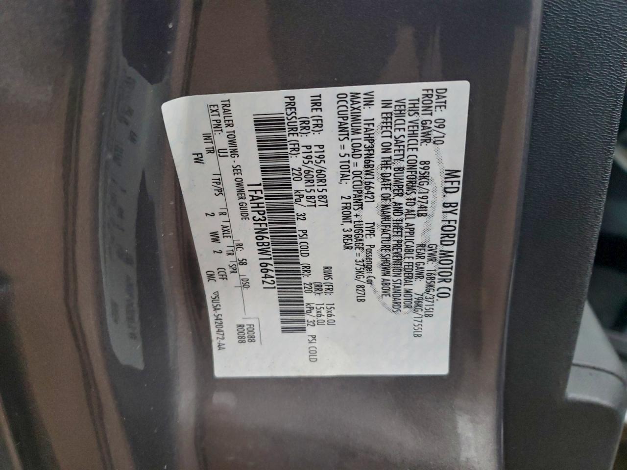 2011 Ford Focus Se VIN: 1FAHP3FN6BW166421 Lot: 94769235