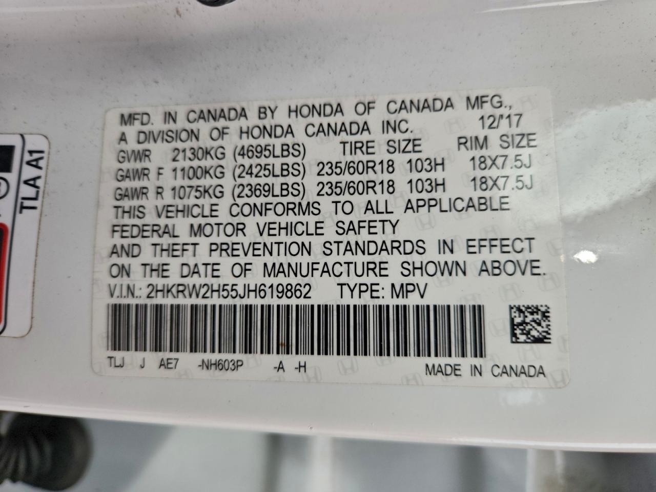 2018 Honda Cr-V Ex VIN: 2HKRW2H55JH619862 Lot: 94747095