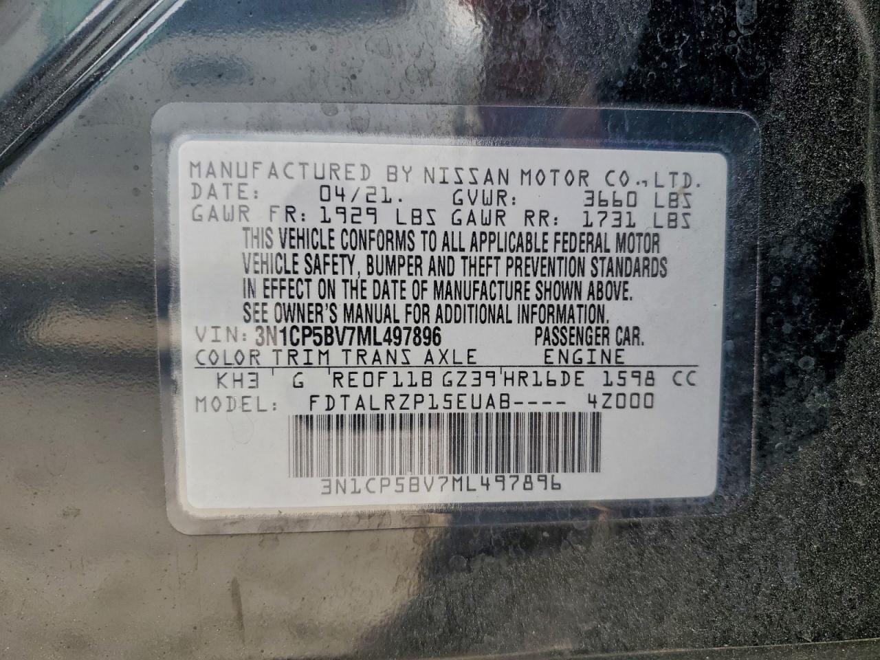 2021 Nissan Kicks S VIN: 3N1CP5BV7ML497896 Lot: 94023695